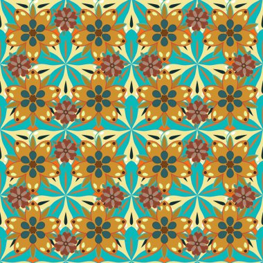 Şirin damaske süsü olan kusursuz bir desen. Duvar kağıtları, arka planlar, el ilanları ya da ambalaj kağıtları için desen. Kusursuz vektör yeşil, mavi ve sarı süs Arap tarzında.