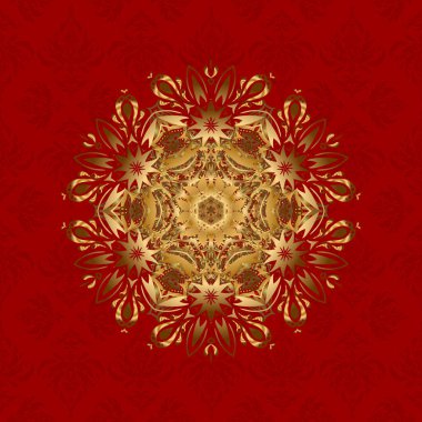 Vektör Mandala. Kırmızı arkaplanda altın yuvarlak süs deseni.