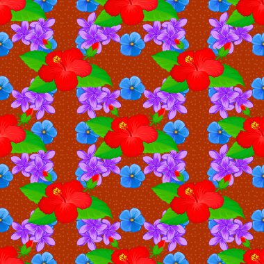 Vektör çizimi. Hawaii Aloha Tişörtünün turuncu, kırmızı ve yeşil renklerde kusursuz dizaynı..