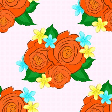 Vektör çizimi iç tasarım, baskı veya tekstil tasarımı için iyidir. Çiçeklerin turuncu, yeşil ve sarı renklerdeki kusursuz dokusu. Gül çiçekleri ve yeşil yapraklı optik yanılsama.