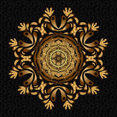 Vector East, Islam, Indian, motif, canlanma girdabı. Doğu, simetri danteli, kumaş, duvar kağıdı. Siyah arka planda klasik dekoratif süs. Altın mandala desenli, Arap kökenli. Etnik doku.