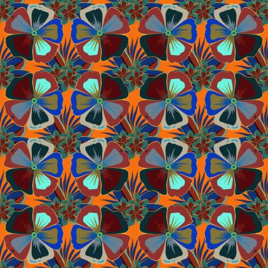 Dekorasyon ve tasarım için mükemmel bir vektör kusursuz desen. Mavi, yeşil ve turuncu renkli suluboya kozmos çiçekleri olan moda baskılar. Kozmos çiçekleriyle klasik tarzda zarif bir desen..