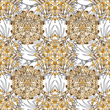 Kumaş baskısı, hatıra defteri, hediye paketi için. Arka planda altınla kusursuz vintage desen.