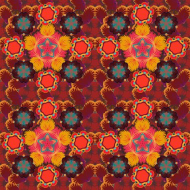 Vektör çizimi. Kahverengi, kırmızı ve turuncu parlak süs, lamasız desen, soyut şekiller.