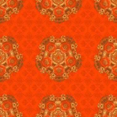 Turuncu arka planda soyut çiçekleri ve yıldızları olan kusursuz bir şebeke. Yatak örtüsü, ceket, paket tasarımı, kumaş ve moda kavramları için doğu tekstil baskısı.