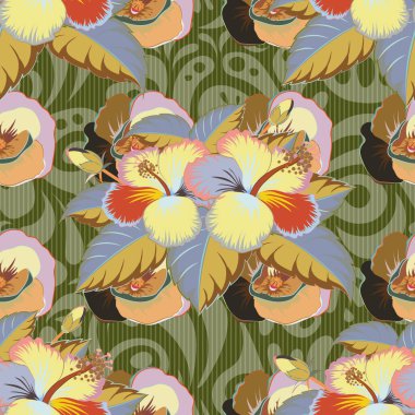 Çiçeksel vektör pürüzsüz desen. Vektör çizimi. Bej, yeşil ve sarı çiçek desenli tropikal çiçek deseni..