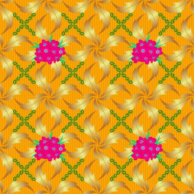 Dekoratif primula çiçekleri tekrar eden desenler. Raster illüstrasyonu. Sarı arka planda çiçek motifleri olan soyut zerafet kusursuz desen.