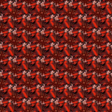 Pembe, turuncu ve kırmızı renklerde biçimlendirilmiş Plumeria çiçekleriyle kusursuz çiçek deseni. Vektör illüstrasyonu.