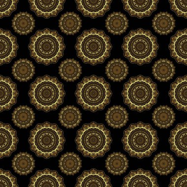 Kusursuz bir desen, doğu tarzında altın rengi bir tasarım. Süslü dantel iz sürücü. Kumaş için altın dekoru süsleyin. Siyah zemin üzerinde altın elementlerle geleneksel Arap süsü.