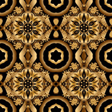 Duvar kağıtları, tekstil, kumaş, ambalaj kağıdı, ambalaj kutusu vs. için evrensel vektör deseni. Siyah arka planda eski model. Geçmişe dönük tasarım için altın elementlerle kusursuz desen.