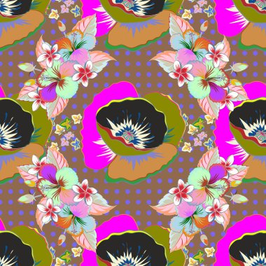 Pembe ve mavi çiçeklerin vektör çizimi. Karışık arkaplanda çiçekler olan kusursuz desen.