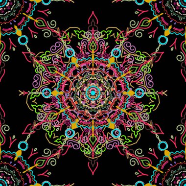 Çiçekli ve Mandala elementli zarif, pürüzsüz bir desen. Güzel yeşil, sarı ve pembe el yapımı, pürüzsüz vektör çizimi.