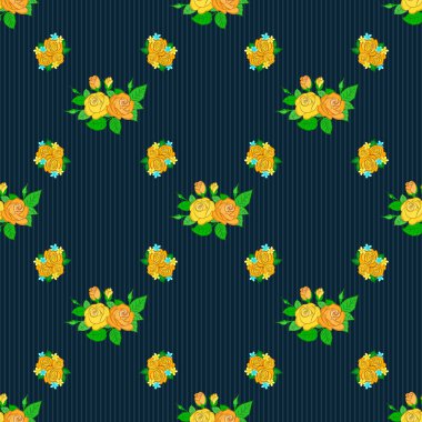 Mavi arka planda çiçek süslemesinin kusursuz dokusu. Gül çiçekleri ve yeşil yapraklı optik yanılsama. Vektör illüstrasyonu iç tasarım, baskı, ağ ve tekstil tasarımı için iyidir.