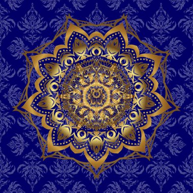 Altın Mandala mavi bir baqckground 'da. Vektör dairesel soyut mandalas deseni. Arabesk. Sarmaş dolaş dalları, çiçekleri ve bukleleri olan yuvarlak bir süs..