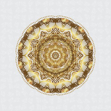 Gri arkaplana çizilmiş zendogru elin altın mandala vektör dairesi.
