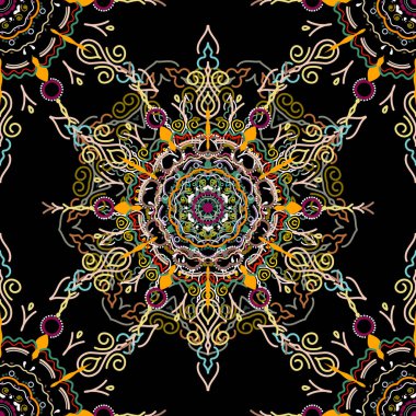 Siyah arkaplanda yeşil ve sarı renklerde vektörsüz süs. Sıkıntılı damask desensiz arkaplan fayansı.