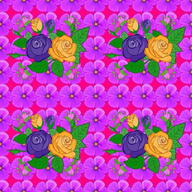 Eflatun bir arka planda, gül çiçekleri ve yeşil yapraklı kusursuz çiçek deseni. Raster illüstrasyonu.