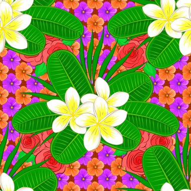 Şekillendirilmiş plumeria çiçekleri ve yeşil, turuncu ve mor yapraklı vektörsüz arkaplan deseni.