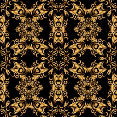 Siyah ve altın desenli. Zarif vektör klasik kusursuz desen. Siyah arkaplanda tekrarlanan elementlerle kusursuz soyut süs.