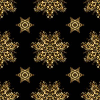 Vektör doğu tarzı arabesk. Siyah arkaplanda altın elementler, bukleler ve süslemeler olan kusursuz bir desen..