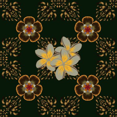 Soyut şirin plumeria çiçeklerinin siyah, kahverengi ve yeşil renkli olduğu bir bahar kağıdı. Vektör çizimi. Çiçeksiz desen.