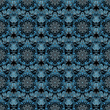 Damask, mavi renklerde, dikişsiz çiçek deseni. Vektör illüstrasyonu.