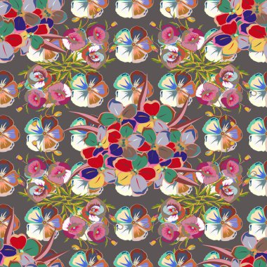 Kırmızı arka planda sulu boya buketi ve soyut kozmos çiçekleri olan romantik, pürüzsüz bir desen. Geçmişi, tekstili, ambalaj kağıtları, tebrik kartları için. Vektör illüstrasyonu.