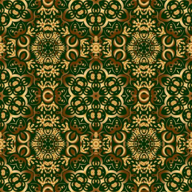 Eski bir süs. Vektör çizimi. Basit, pürüzsüz desen. Yeşil arka planda altın yıldızlar..