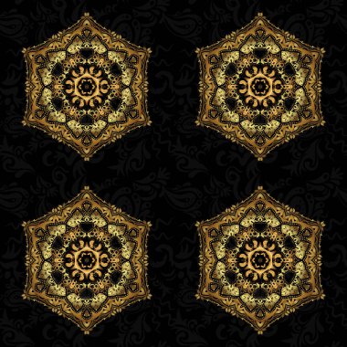 Siyah arka planda izole edilmiş, altın soyut desenli el yapımı vektör mandala. Çanta tasarımı.