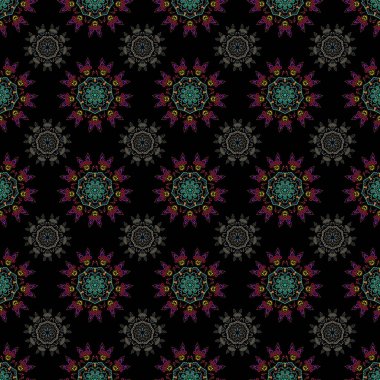 Vektör kusursuz desen. Süslü sınır. Kusursuz kumaş deseni, kahverengi, mavi ve yeşil klasik duvar kağıdı..