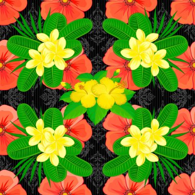 Kesişen kıvrımlı zarif stilize Plumeria çiçekleri, yapraklar ve parşömenler soyut bir çiçek süsü oluşturuyorlar. Siyah bir arkaplanda klasik soyut vektör çiçekli desen.