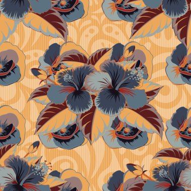 Hibiscus çiçekleri gri, bej ve sarı renklerde.