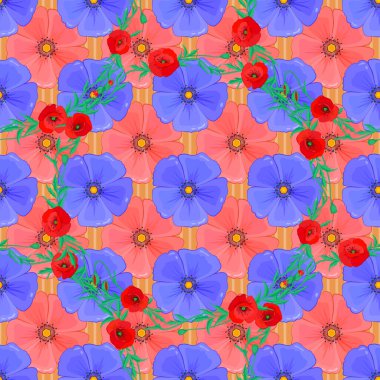 Vektör çizimi. Kahverengi bir arka planda kusursuz bir çiçek deseni ve karışık kozmos çiçekleri..