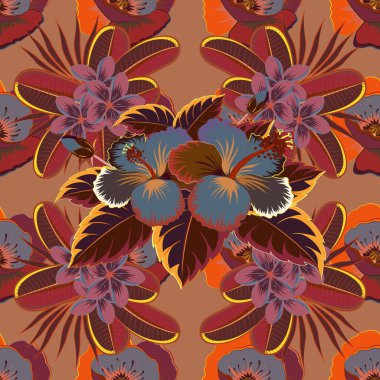 Sarı, kırmızı ve kahverengi amber çiçekleri son moda vektör tarzında. Hawaii tropik doğal çiçek deseni sarı, kırmızı ve kahverengi renklerde..