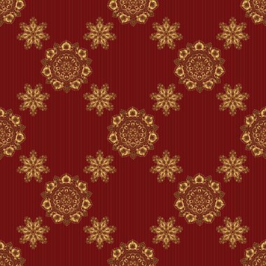 Kırmızı arka planda klasik altın süslemeleri olan kusursuz çiçek kenarı. Vektör altın pürüzsüz desen.