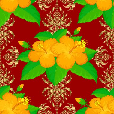 Çiçeksiz desen. Vektör çizimi. Kırmızı arka planda soyut şirin amber çiçekleri olan bahar kağıdı.