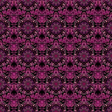 Ikat damaske desensiz arkaplan fayansı. Vektör çizimi. Siyah arkaplanda morumsu renkler.