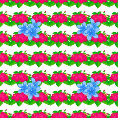 Amfibik ve Plumeria çiçekleri ve beyaz arka planda yaprakları olan kusursuz bir desen. Çiçekli suluboya arka plan. Yatak çarşafları için tekstil baskısı, ceket, paket tasarımı, baskılar, tekstil, kumaş.