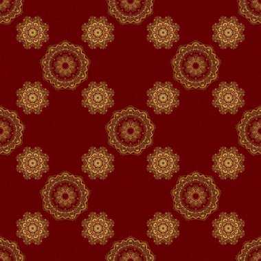 Kırmızı zemin üzerindeki altın elementlerin dokusu. Vektör altın pürüzsüz desen.