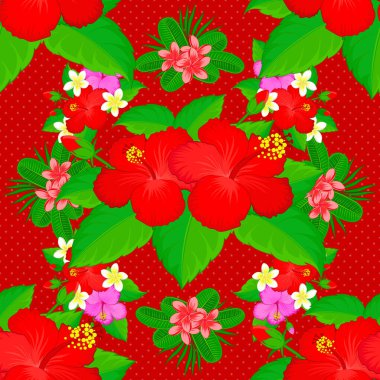 Hawaii tropik doğal çiçek deseni kırmızı, yeşil ve pembe renklerde. Kırmızı, yeşil ve pembe amber çiçekleri trend vektör tarzında.