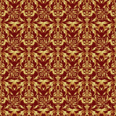 Klasik çiçek vektör süsü. Kırmızı zemin üzerinde altın elementler olan soyut klasik kusursuz desen.