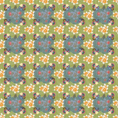 Dekoratif yaz çiçekleriyle bej ve mavi renklerde kusursuz desen, suluboya vektör çizimi.