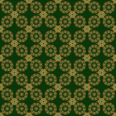 Soyut elementlerle süslü, kusursuz bir şablon. Yeşil arkaplanda altın desen.