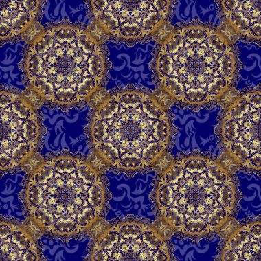 Tasarım için kusursuz elementler. Doğu tarzında altın şebeke. İslami kart geçmişi. Mavi arka planda doğu altınları.