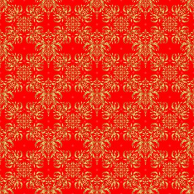 Kırmızı ve altın desenli. Barok tarzında kusursuz desenli doğu süsü. Geleneksel klasik Altın Şablon.