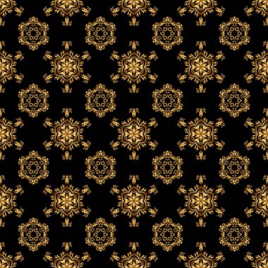 Siyah arka planda, altın rengi süslemeli, pürüzsüz bir desen..