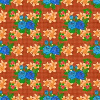 Vektör yeşil, turuncu ve bej çiçekleri pürüzsüz desen.