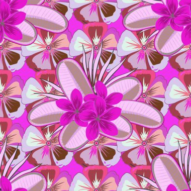 Kusursuz bir arka plan. Kahverengi, morumsu ve pembe renklerde suluboya çiçekleri. Plumeria çiçek deseninden esinlenilmiş parlak resim.