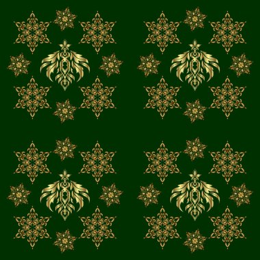 Davetiyeler için dekorasyon, tebrik kartları, teşekkür mesajı. Yeşil zeminde Victoria tarzı elementler. Altın çiçekli, pürüzsüz desen. Tasarım için vektör açgözlülüğü ve vignette.
