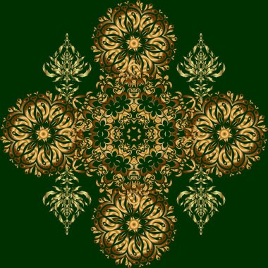 Tasarım için vektör açgözlülük ve vignette. Davetiyeler için dekorasyon, tebrik kartları, teşekkür mesajı. Yeşil zeminde Victoria tarzı elementler. Altın çiçekli, pürüzsüz desen.